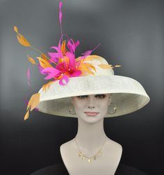 Audrey Hepburn Style Dome Hat Kentucky Derby Hat Tea Party Carriage Party Wide Brim Sinamay Hat Ivory/off White W Hot Pink Orange - Etsy Fitted Cream Sun Hat For Kentucky Derby, Beige Fitted Sun Hat For Kentucky Derby, Fitted Cream Wide Brim Costume Hat, Fitted Beige Boater Hat For Kentucky Derby, Fitted Cream Straw Hat For Kentucky Derby, Cream Straw Hat For Kentucky Derby, Cream Sinamay Hat For Kentucky Derby, Hat Tea Party, Sinamay Hats