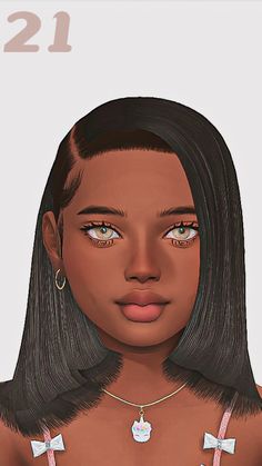 an animated woman with long hair and big earrings on her neck is looking at the camera