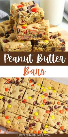 peanut butter bars are stacked on top of each other with chocolate chips and candy in the middle