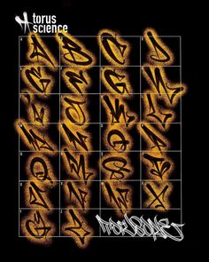 graffiti alphabets with yellow spray paint on black background, including the letters and numbers