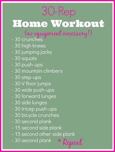 the 30 - rep home workout list is shown in pink and green