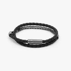 Fusione Bracelet in Black – Tateossian USA Black Rhodium, Layered Look, Box Chain, Italian Leather, Rhodium Plated, Rope Bracelet