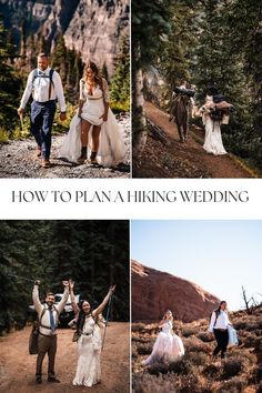 the wedding party is taking pictures in the mountains