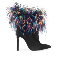 Vegan suede upper with faux feathers and man made sole These pointed toe booties are complimented by a colorful faux feathered that wraps all around the ankle for an outrageously fabulous look! Pull-on Styling Heel measures approx 4.5" H Imported Feather Boots, Feather Shoes, Faux Feathers, Comfortable Ankle Boots, Pointy Toe Shoes, Unique Shoes, Pointed Toe Shoes, Shoe Obsession, Perfect Shoes