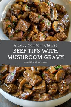 beef tips with mushroom gravy in a white bowl on top of a table