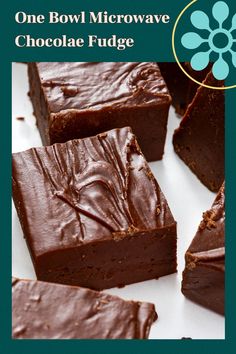 chocolate fudge brownies on a white plate with the title, one bowl microwaveve chocolate fudge