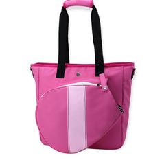 a pink and white bag with black handles