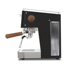 an espresso machine with a wooden handle