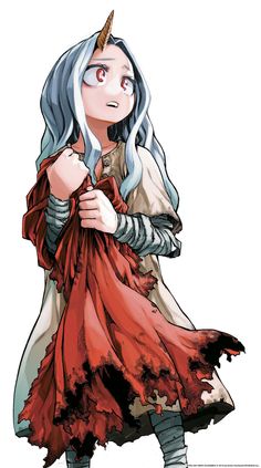 an anime character with blue hair wearing a red dress