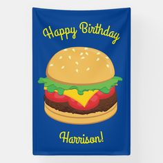 a happy birthday banner with a hamburger on it's bun and the words happy birthday harrison