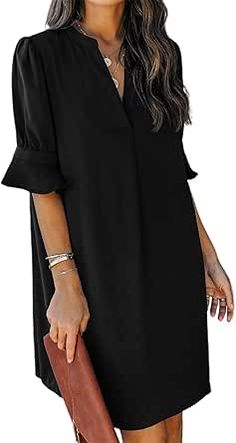 Casual Tunic Dress, Shift Dress Casual, Flowy Summer Dresses, Casual Tunics, Solid Color Dress, Simple Shirts, Casual Summer Dresses, Black Ruffle, Types Of Skirts