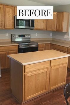 an empty kitchen with wooden cabinets and stainless steel appliances, before and after remodeling