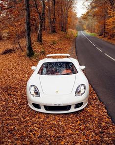 a white sports car is parked on the side of the road in front of some trees