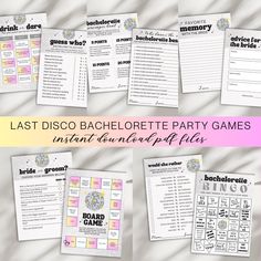 the last disco bachelor party games are shown in pink, yellow and blue colors with text overlay