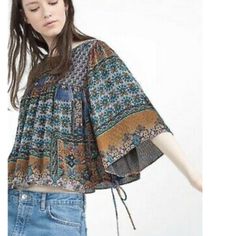 Nwt Zara Trafaluc Bell Sleeve Boho Blouse Top Sz Medium Brand New With Tags, Never Worn Flowy Loose Fit Ties On Both Sides Sleeves: 20" Length: 21" Pit To Pit: 19" Comment If You Need Additional Details~* Flowy Casual Tops With Boho Print, Casual Flowy Tops With Boho Print, Zara Bohemian Tops For Fall, Flowy Boho Print Casual Tops, Blue Bohemian Short Sleeve Tops, Blue Flowy Casual Top, Casual Blue Flowy Top, Casual Flowy Blue Tops, Zara Blue Blouse For Beach