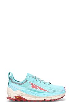 a woman's blue and pink running shoe on a white background with red accents