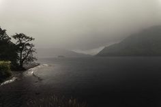 a body of water surrounded by trees and mountains in the distance on a foggy day