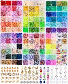 many different colors of beads and buttons on a white background with the words beading supplies