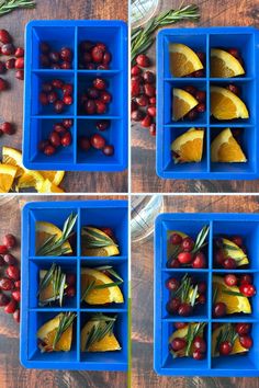 four pictures of different fruits and vegetables in blue trays