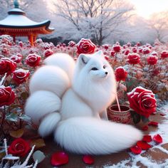 a white fox sitting on top of a field of flowers next to a red rose bush