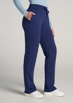 About Our Sweatpants for Tall Women Whether it's a workout or the weekend, these open-bottom tall women's sweatpants look good with just about anything – and they feel even better. Finding sweats when you're tall can be tough, with inseams that land awkwardly above the ankle and silhouettes that are far too baggy for your frame. We designed this pair of sweats to go all the way past your ankles with a straight leg that provides the right balance of comfort and style. The wide drawstring waistban