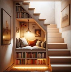 a room with some bookshelves, stairs and a couch in the middle of it