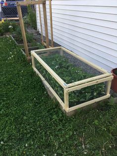 a small garden bed in the grass next to a house