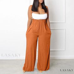 Lasaky - Loose Fit Wide Leg Jumpsuit with Suspenders - Womens Stylish Overalls Solid Overalls For The Beach, Solid Beach Overalls, Summer Wide Leg Jumpsuit With Suspenders, Wide Leg Bottoms With Suspenders For Summer, Summer Wide Leg Bottoms With Suspenders, High Waist Bottoms With Suspenders For Summer, Brown Non-stretch Jumpsuits And Rompers For Summer, Stylish Overalls, Pink Overalls