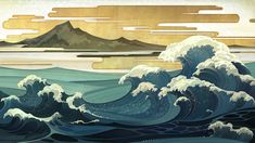 an ocean scene with large waves and mountains in the distance, painted by hand using acrylic paint on paper