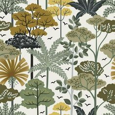 a wallpaper with trees and birds in the forest on white, green, yellow and brown colors