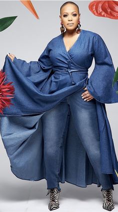 Denim Wrap Dress 1 piece Bell Sleeve Dress Colors: Dark Denim, Light Denim Sizes: One Size fit all up to a size 2X Denim Wrap Dress, Wrap Dress Outfit, Boho Wear, Denim Shorts Outfit, Denim Fashion Women, Womens Denim Dress, Printed Casual Dresses, Belle Dress, Quirky Fashion