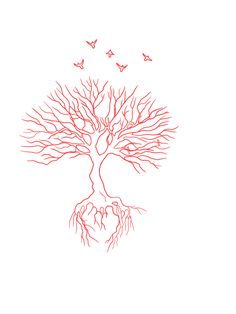 a drawing of a tree with roots and birds flying around it on a white background