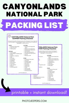 the canyonlands national park packing list is shown in purple and black with an arrow pointing to