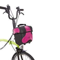 a pink and green bike with a black bag on the front rack, against a white background