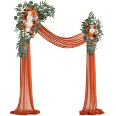 an orange wedding arch decorated with flowers and greenery