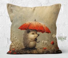 a pillow with an image of a hedge holding an umbrella in the rain on it