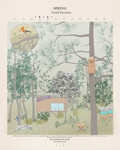 an image of a forest scene with trees and animals in the distance, including a birdhouse