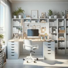 an office with white furniture and lots of bookshelves