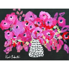 a painting of pink flowers in a white vase on a black background with polka dots