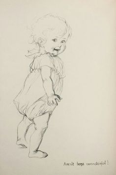 a black and white drawing of a toddler standing up with her hands in her pockets