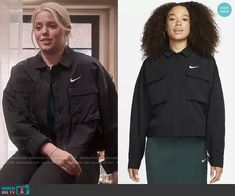 Nike Woven Jacket worn by Leighton Murray (Reneé Rapp) on The Sex Lives of College Girls Green Satin Shirt, Black Nike Jacket, Zara Jacket, Woven Jacket, Satin Shirt