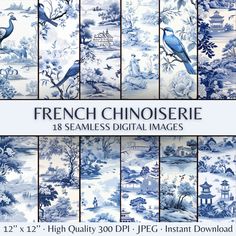 blue and white wallpapers with birds in the forest, trees, water and pagodas