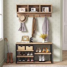 a coat rack with shoes and hats on it next to a wall mounted shoe rack