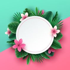 a paper plate with pink flowers and green leaves on a pink and teal background