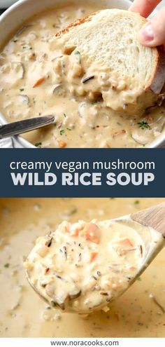 creamy vegan mushroom wild rice soup in a white bowl with a wooden spoon and text overlay