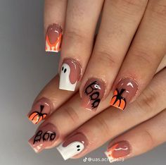 Holoween Idea Nails Short, Fall Themed Nails Square, Cute Nails For Fall Acrylic, Gel Mani Short Nails Fall Design, Square Shaped Halloween Nails, Cute Halloween Nails Medium, Fall/halloween Nails Square, Halloween Nails Short Ghost, Halloween Nails No Design