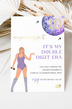 "Step into the Double Digit Era with our Taylor Swift Birthday Invitation, capturing the essence of purple Taylor Swift aesthetic and disco vibes! 🎶✨ Celebrate in style as we groove through the hits and dance the night away in true Taylor fashion. Let's make memories that sparkle and shine as we mark this special milestone! 💜🎉 Swipe up to join the celebration and let the countdown to a fabulous birthday bash begin! #TaylorSwiftBirthday #DoubleDigitEra #PurpleAesthetic #DiscoParty Double Digits Era, Taylor Swift Bday Invitation, Double Digits Era Party, Double Digit Era Birthday, In My Double Digits Era Party, Taylor Swift 10th Birthday, Taylor Swift 10th Birthday Party Ideas, Taylor Swift Party Invitations, Taylor Swift Invitations