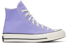 High-top cotton canvas sneakers in purple. · Round rubber cap toe · Lace-up closure · Eyelet vents at inner side · Logo patch at inner side · Rubberized logo patch at heel · Ortholite® insole · Treaded rubber sole · Contrast stitching in white Supplier color: Ultraviolet/White/Black Lavender Converse, Cute Converse Shoes, Purple Converse, Cute Converse, Preppy Shoes, Vintage Sneakers, Black Converse, Purple Shoes, Chuck 70