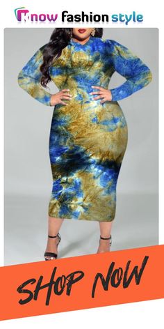 knowfashionstyle Yellow And Blue Fashion Casual Print Tie Dye Basic O Neck Long Sleeve Plus Size Dresses Casual Blue Bodycon Midi Dress, Blue Stretch Midi Dress For Spring, Purple And Gold Dress, Red Dress Short, Classy Dress Outfits, Elegant Dresses For Women, Casual Stripes, Yellow And Blue, Printed Ties