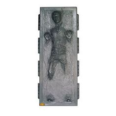 a metal plaque depicting a man with two hands on his chest and one hand in the air